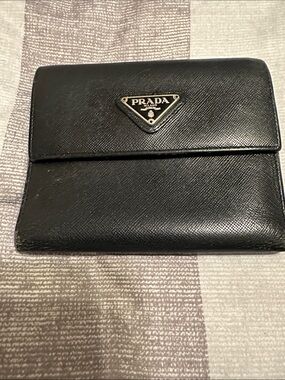 Prada Black Saffiano Compact Fold Wallet